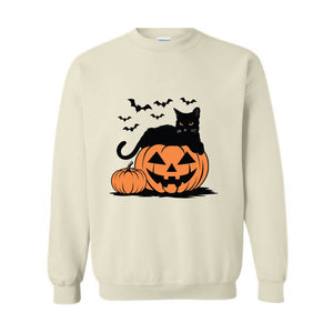 Pumpkin Sweatshirt, Black Cat Halloween Sweatshirt, Retro Halloween Hoodie, Halloween Sweatshirt, Vintage Black Cat Sweatshirt