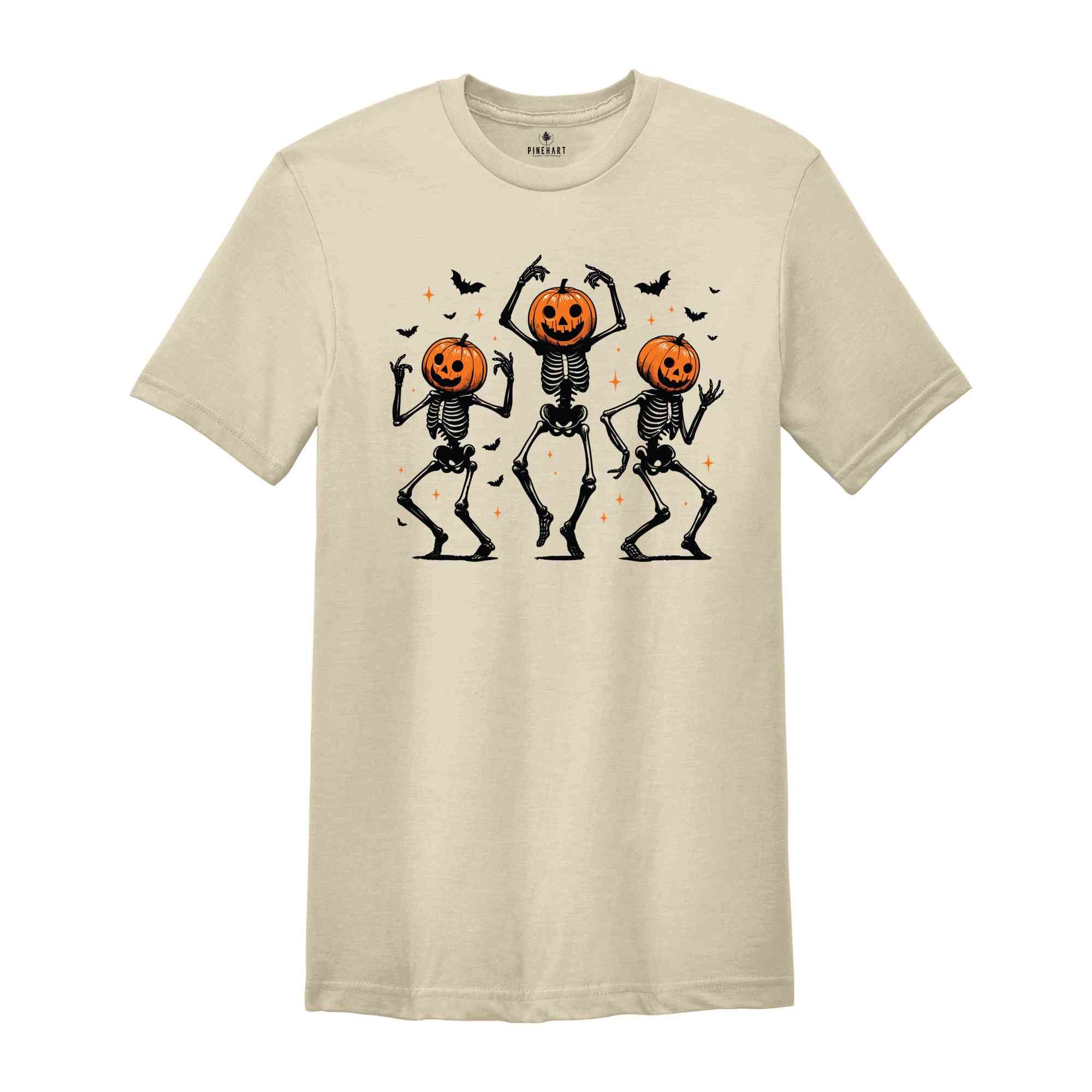 Dancing Skeleton Pumpkin Shirt, Retro Halloween Women's Shirt, Funny Fall Halloween Party Shirt, Spooky Season Skeleton Tee