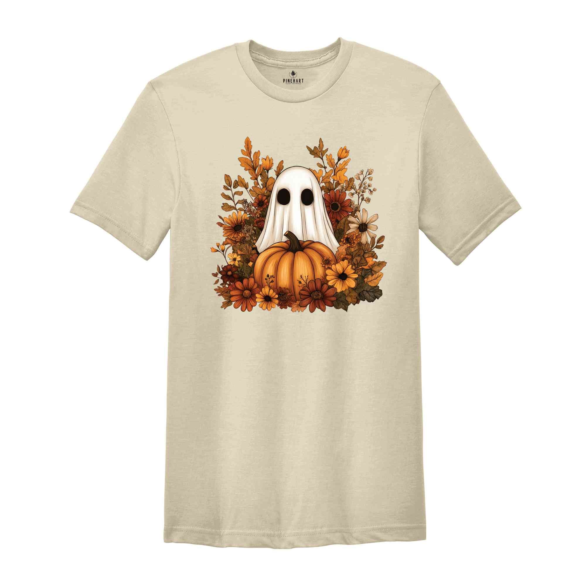 Ghost With Flowers And Pumpkin Shirt, Halloween Shirt, Floral Spooky Shirt, Ghost Shirt, Fall Flowers Shirt, Spooky Ghost Shirt, Spooky Tee