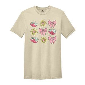 Summer Vibes Shirt, Floral Pink Bows Strawberry Shirt, Cute Summer Shirt, Summer Trendy Tee, Cottegecore Shirt