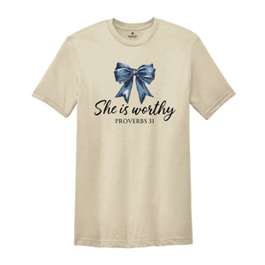 She is Worthy Bow Shirt, Women's Christian Shirts, Cute Christian Coquette T-Shirt, Girly Faith Shirt, Christian Shirt