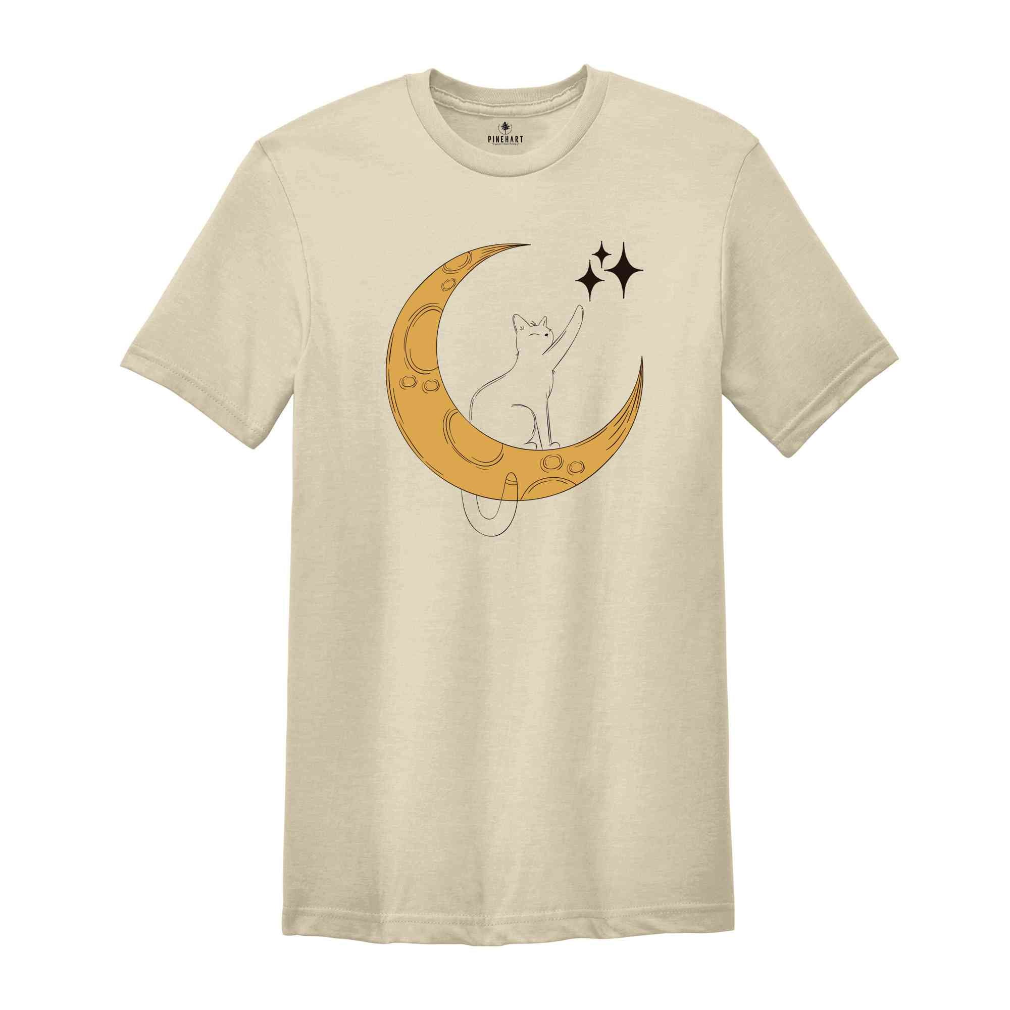 Cat With Moon, Cat With Stars, Cat T-shirt, Night Shirt, Cute Cat Shirt, Cute Shirt, Trendy Shirt, Happy Night T-shirt