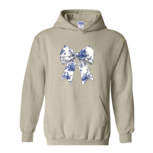 Blue Chinoiserie Bow Hoodie , Toile De Jouy Hoodie, Coquette Bow Blue Hoodie, Cute Mom Hoodie, Toile Blue Bow Hoodie