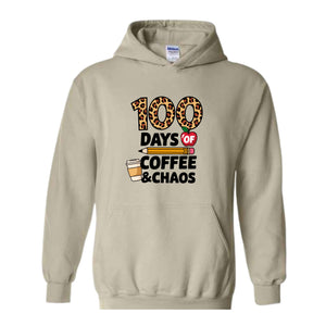 100 Days of Coffee and Chaos Hoodie, Funny Teacher Hoodie, Leopard 100th Day of School Celebration Hoodie, Teacher Life Hoodie