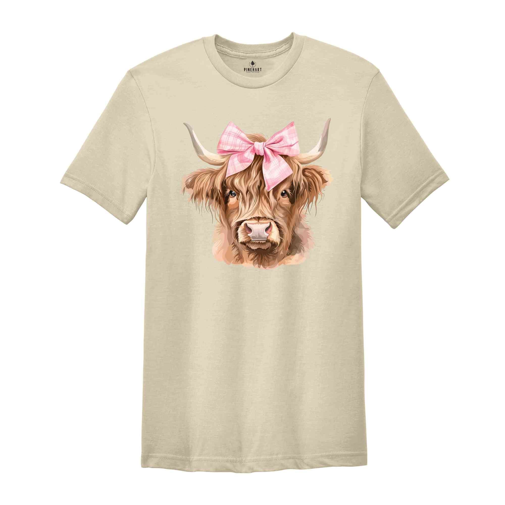 Pink Bow Cowgirl Highland Cow Heifer T-Shirt, Coquette Bow Highland Cow Shirt, Cowgirl Tee, Western Cow Shirt