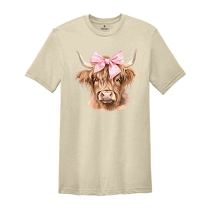 Pink Bow Cowgirl Highland Cow Heifer T-Shirt, Coquette Bow Highland Cow Shirt, Cowgirl Tee, Western Cow Shirt