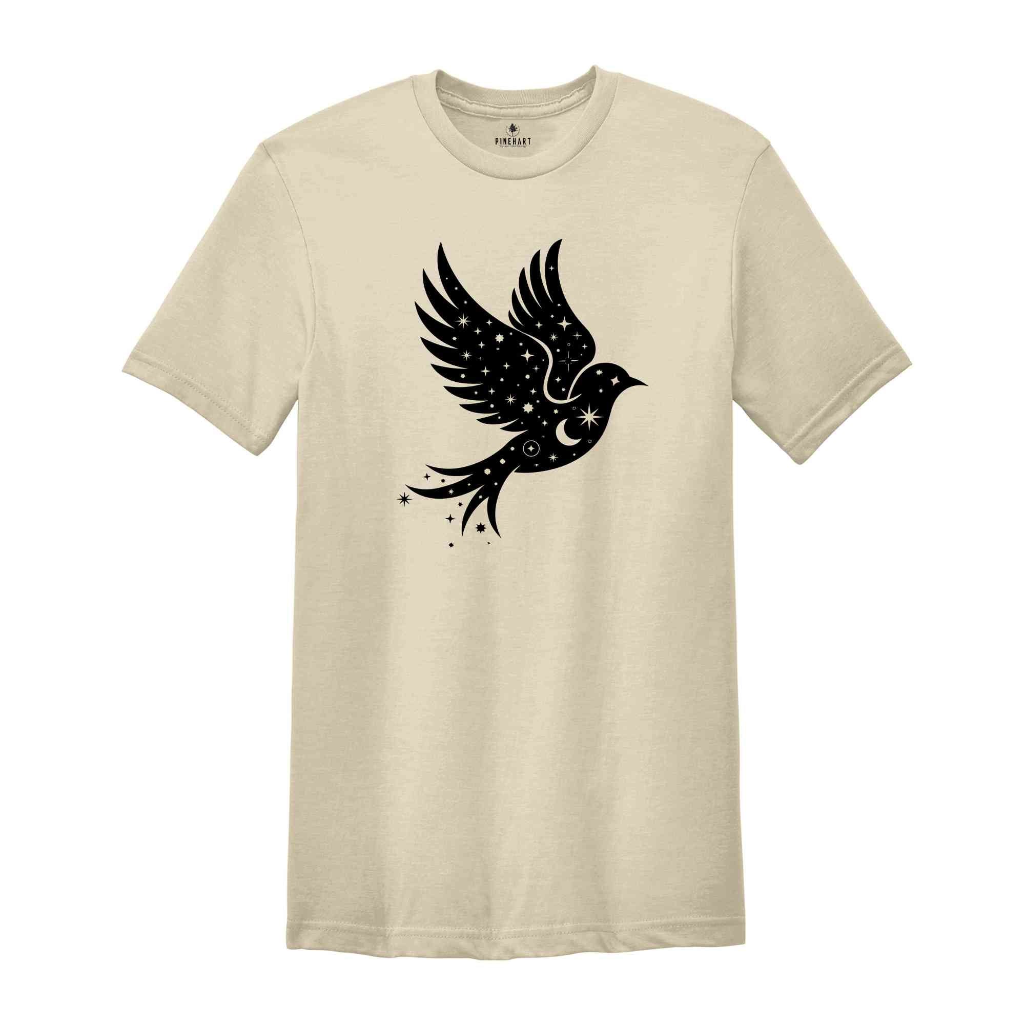 Celestial Bird Shirt, Flying Bird Shirt, Night Sky Moon Stars Shirt, Bird Lover Shirt, Cute Bird Shirt, Nature Shirt, Night Sky Shirt