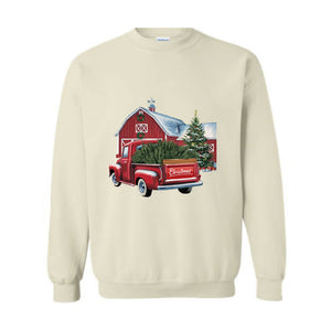 Christmas Sweatshirt, Old Red Barn, Old Red Truck Christmas Tree, Vintage Truck Sweatshirt