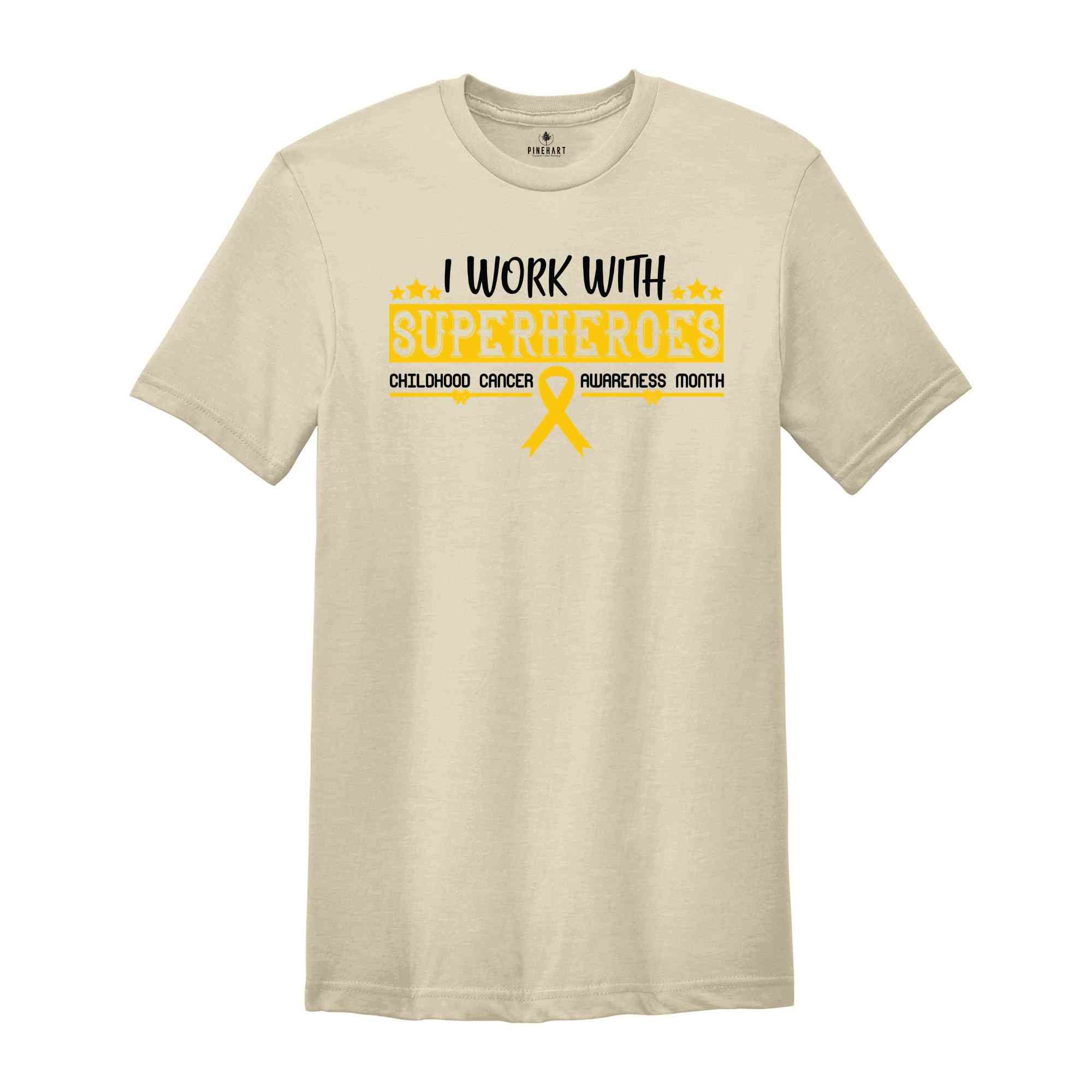 I Work With Superheroes T-Shirt, Childhood Cancer Awareness Month Shirt, Child Cancer Shirt, Gold Ribbon Tee