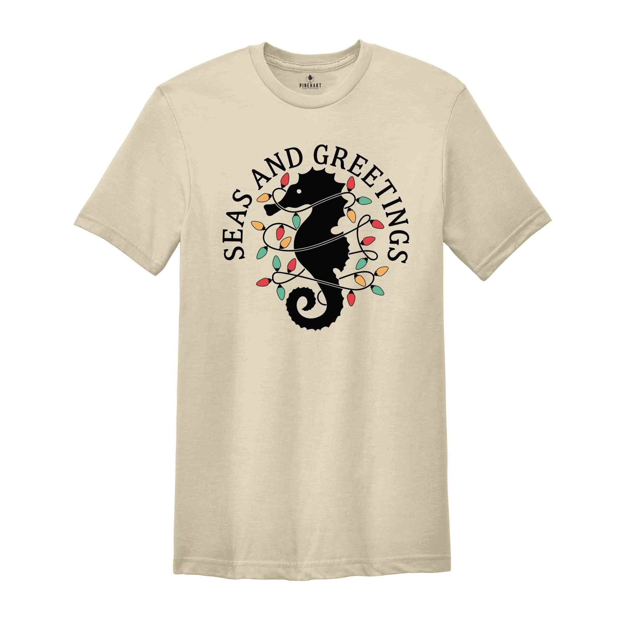 Seas and Greetings Shirt, Beach Christmas Shirt, Seahorse T-Shirt, Christmas Mermaid Shirt, Holiday Apparel, Ocean Shirt