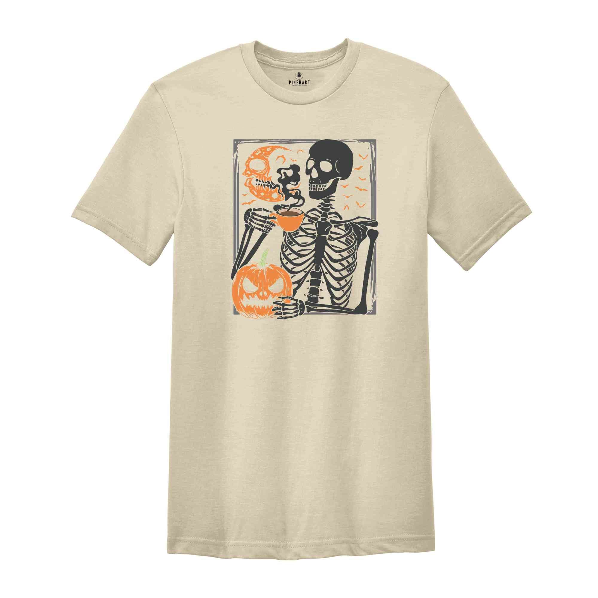 Skeleton Pumpkin T-Shirt, Coffee Lover Skeleton Shirt, Fall Coffee Shirt, Retro Halloween Shirt, Halloween Gifts For Coffee Lovers