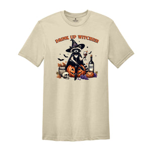 Drink Up Witches Raccoon Shirt, Funny Halloween T-Shirt, Retro Spooky Halloween Party Shirt, Witchy Raccoon Cocktail Pumpkin Skull Tee