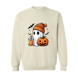 Cute Ghost Halloween Sweatshirt, Ghost Coffee Sweatshirt, Coffee Lover Sweater, Pumpkin Head Crewneck, Pumpkin Spice Shirt, Boo Sweatshirt