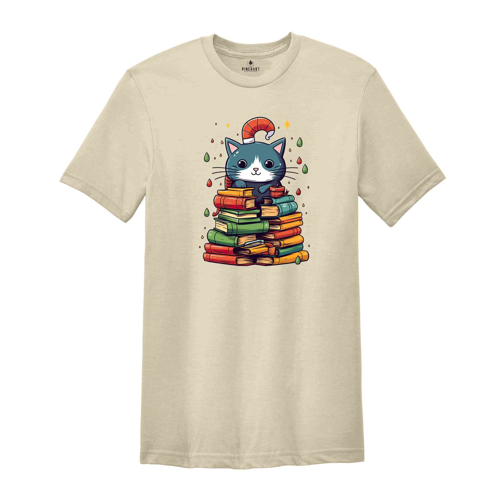 Cute Christmas Cat Shirt, Christmas Tree Shirt, Book Lover Christmas, Library Shirt, Christmas Gift, Christmas Party Shirt, Holiday Shirt