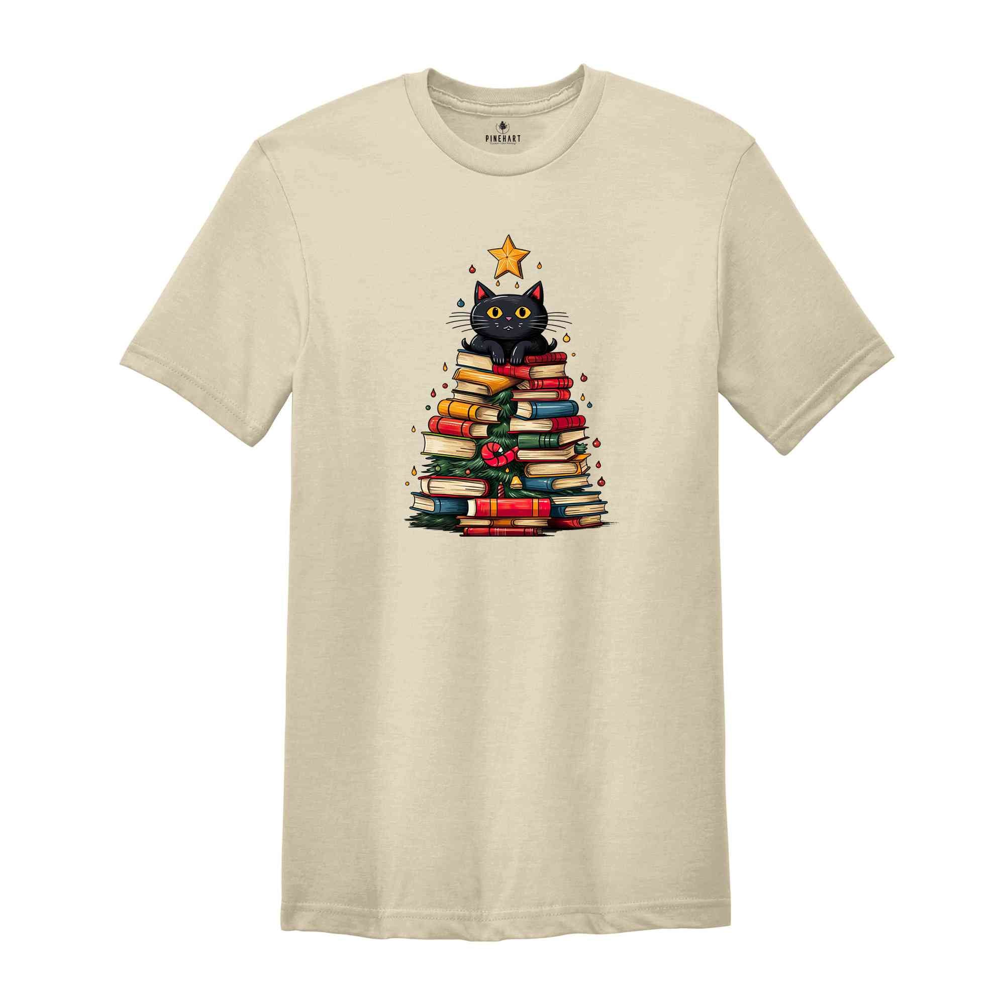 Christmas Cat Shirt, Christmas Book Tree Shirt, Cute Christmas Shirt, Xmas Gift, Christmas Tree Shirt, Christmas Party Shirt, New Year Tee,