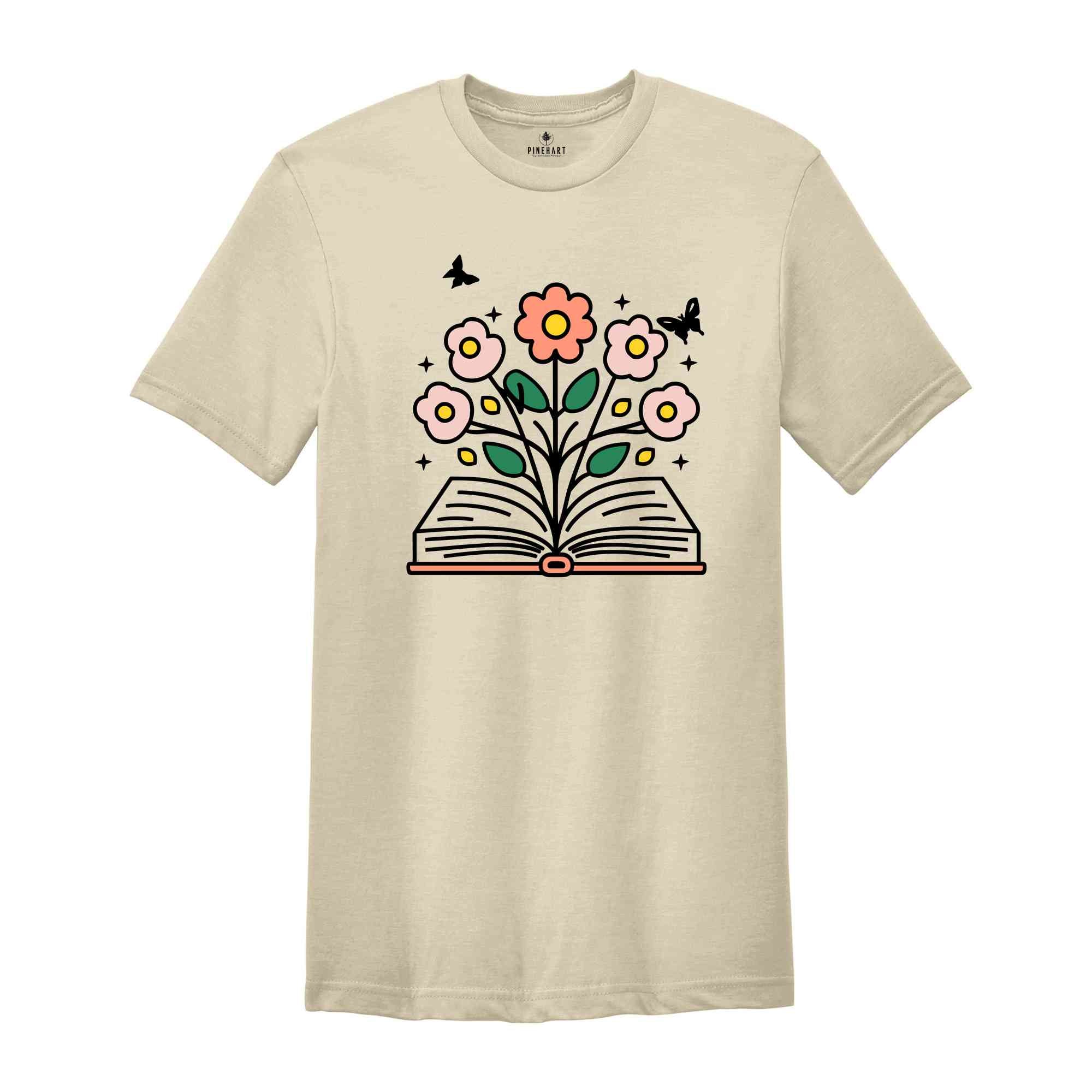 Flowers Shirt, Reading Book Shirt, Minimalist Wild Flower Shirt, Librarian Shirt Gifts, Floral Book Shirts, Gifts for Bookworm