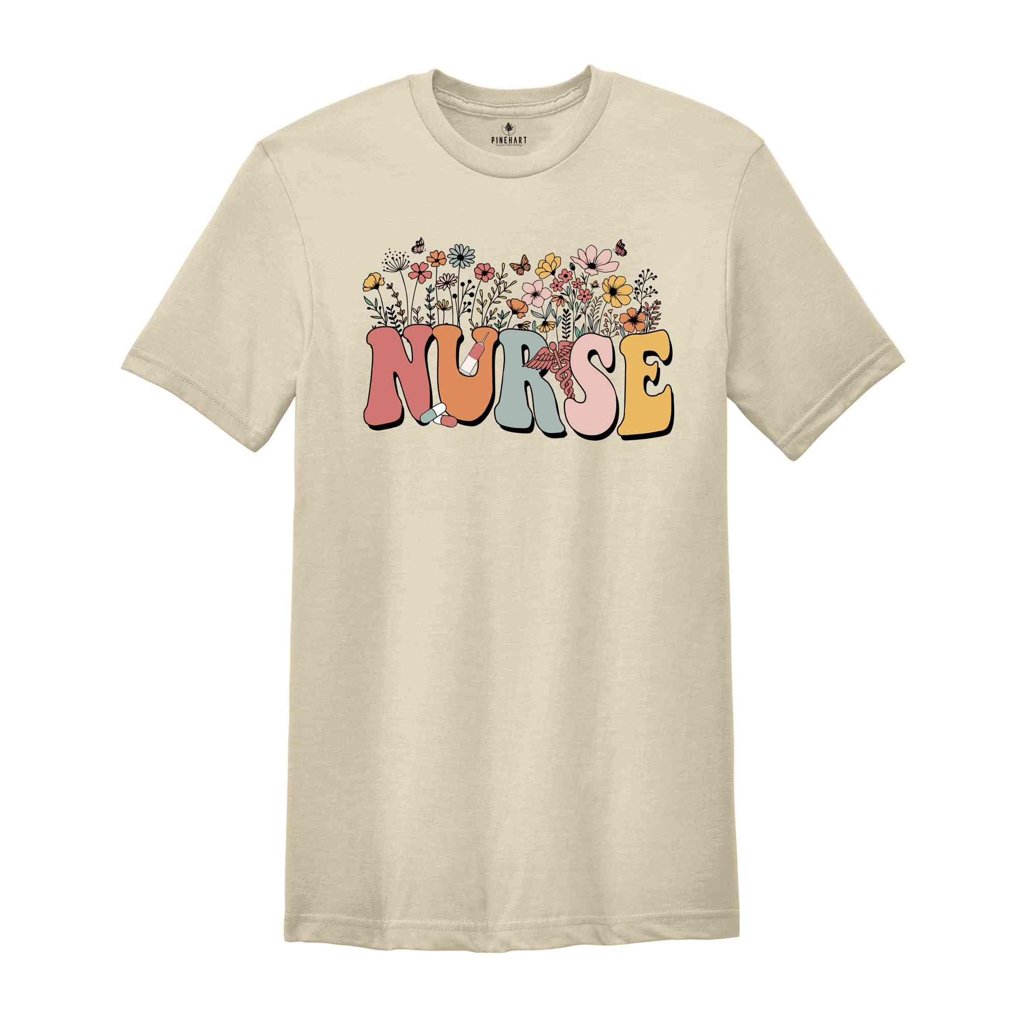 Floral Nurse Shirt, Wildflowers Nurse T-Shirt, Retro Nurse For Work Rn Tee, Registered Nurse Gift, Nurse Appreciation T-Shirt