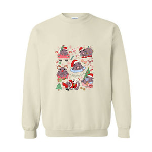 Christmas Coquette Moo Deng Sweatshirt, Coquette Bows Sweater, Moo Deng And Christmas Tree Sweatshirt, Festive Holiday Sweatshirt