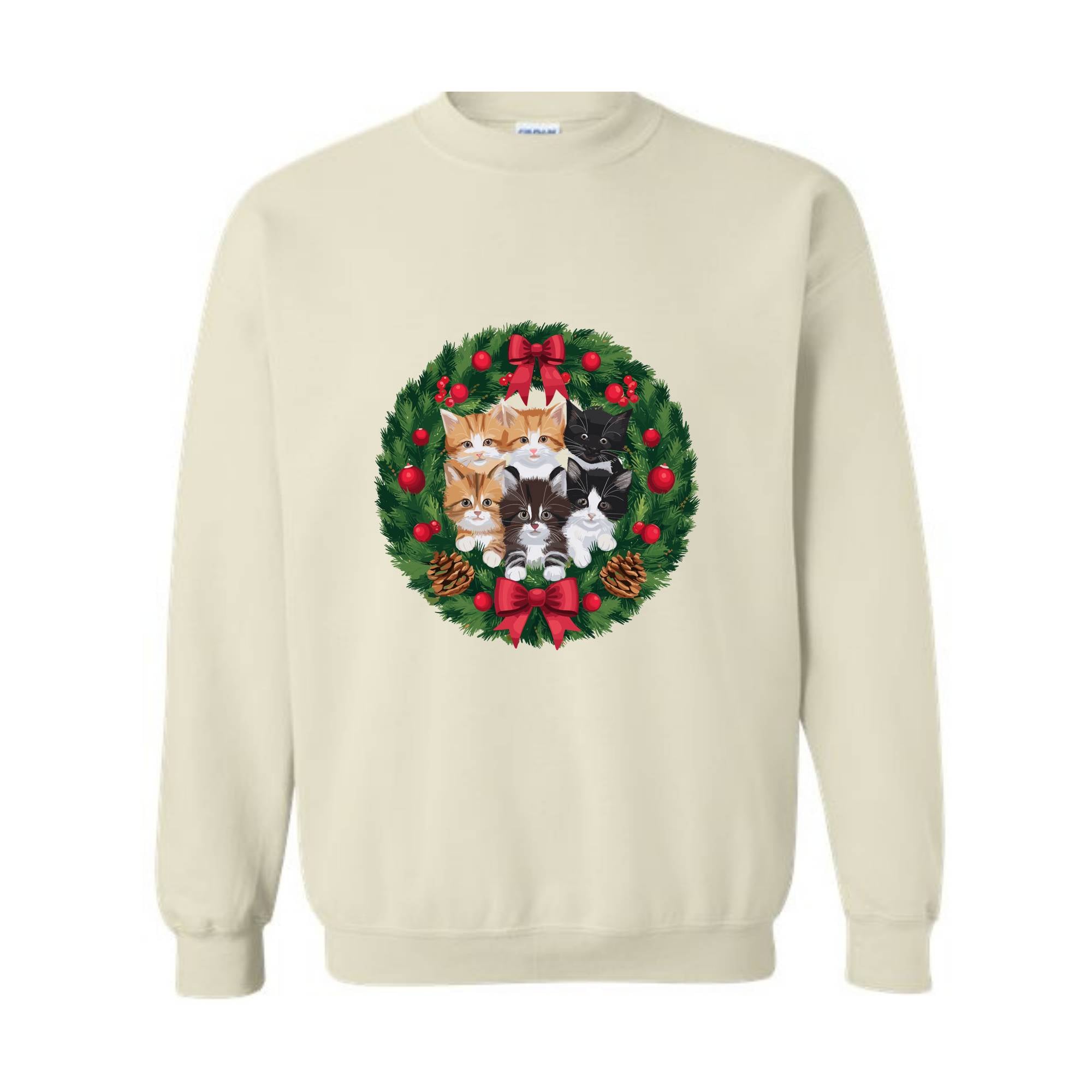 Retro Christmas Cat Wreath Sweatshirt, Vintage Holiday Sweater, Christmas Cats Sweatshirt, Cat Mom Christmas Sweater