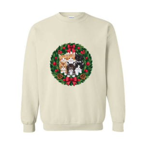 Retro Christmas Cat Wreath Sweatshirt, Vintage Holiday Sweater, Christmas Cats Sweatshirt, Cat Mom Christmas Sweater