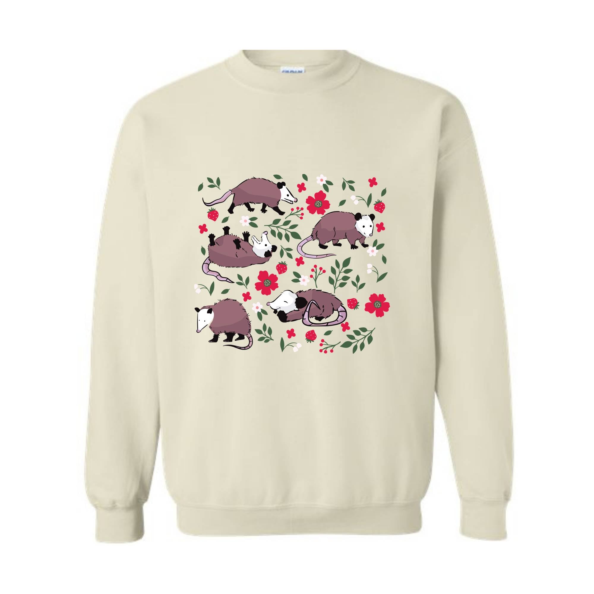 Opossum Sweatshirt, Possum Sweatshirt, Cute Possum Gifts, Floral Opossum, Strawberry Sweatshirt