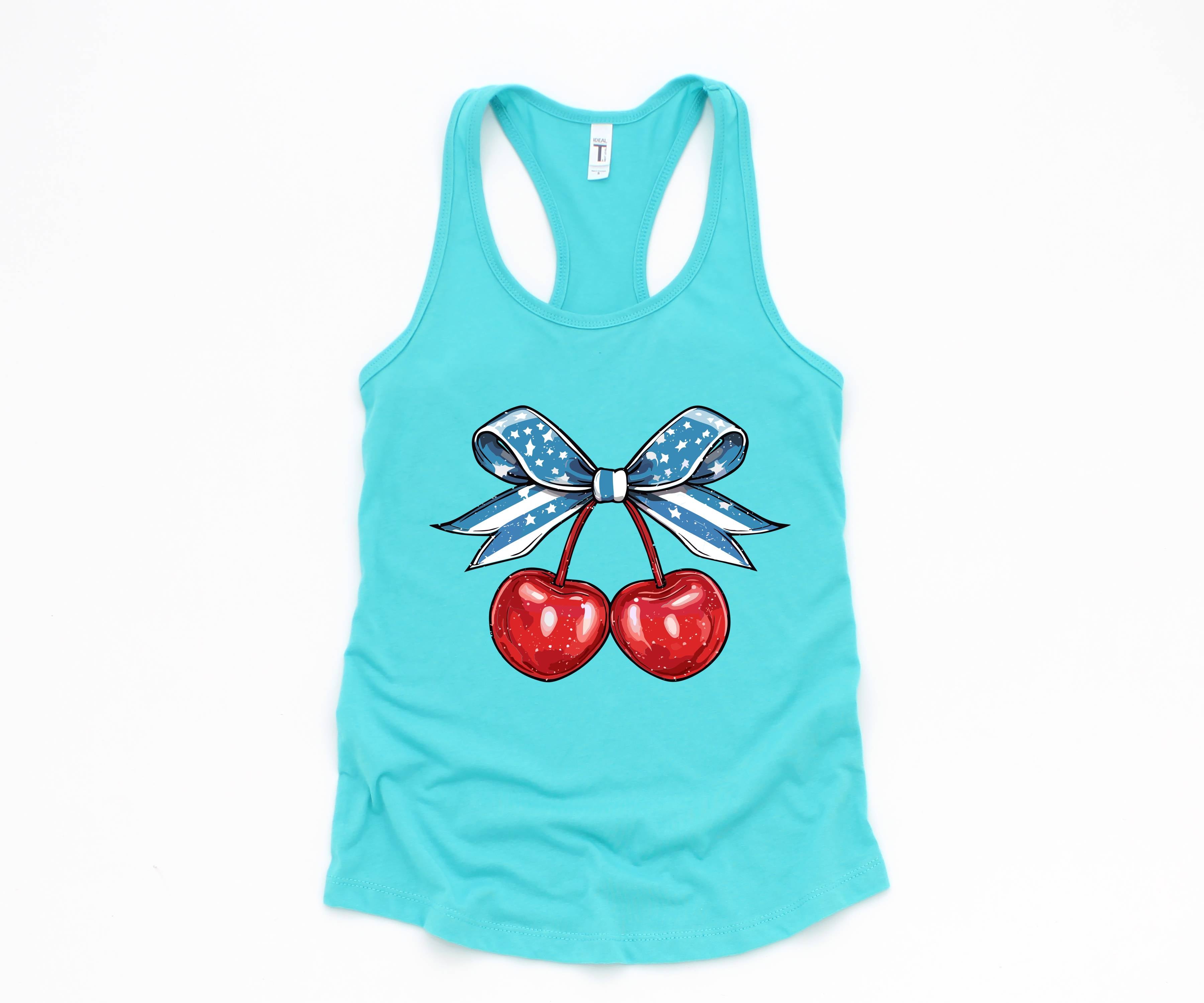 4th of July Coquette Cherry Tank, Cherry Bow Top, 4th Of July Shirt, Cherry Coquette Tee, American Flag Bow Tee, Cherry Lover Gift