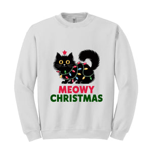 Meowy Christmas Cat Sweatshirt, Black Cat Christmas Hoodie, Cat Lover Tee, Cute Cat Hoodie, Christmas Lights Hoodie, Cat Lover Gift