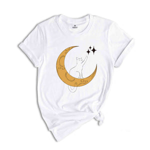 Cat With Moon, Cat With Stars, Cat T-shirt, Night Shirt, Cute Cat Shirt, Cute Shirt, Trendy Shirt, Happy Night T-shirt