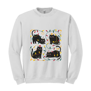 Funny Christmas Cats with Christmas Light Sweatshirt, Meowy Christmas Sweater, Cute Christmas Cat