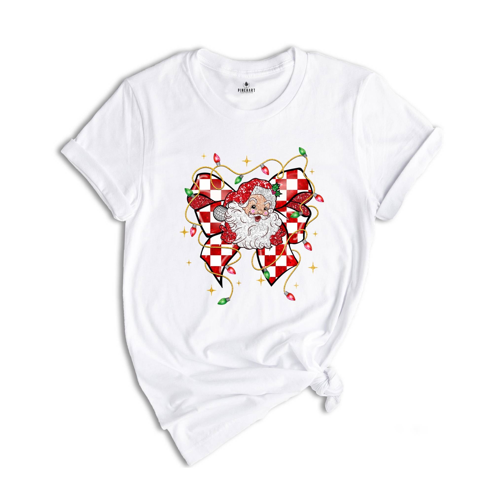 Christmas Coquette Bow Santa Shirt, Santa Christmas Shirt, Santa Claus Shirt, Christmas Lights Shirt, Cute Christmas Gift, Xmas Shirt