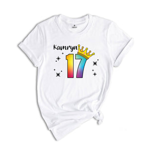 Personalized Names 17 Birthday Shirt, Crown 17th Birthday Shirt, Rainbow Birthday Shirt, Birthday Party Shirt, Toddler Birthday Shirt