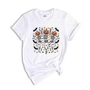 Dancing Skeleton Pumpkin Shirt, Retro Halloween Women's Shirt, Funny Fall Halloween Party TShirt, Spooky Season Skeleton Tee