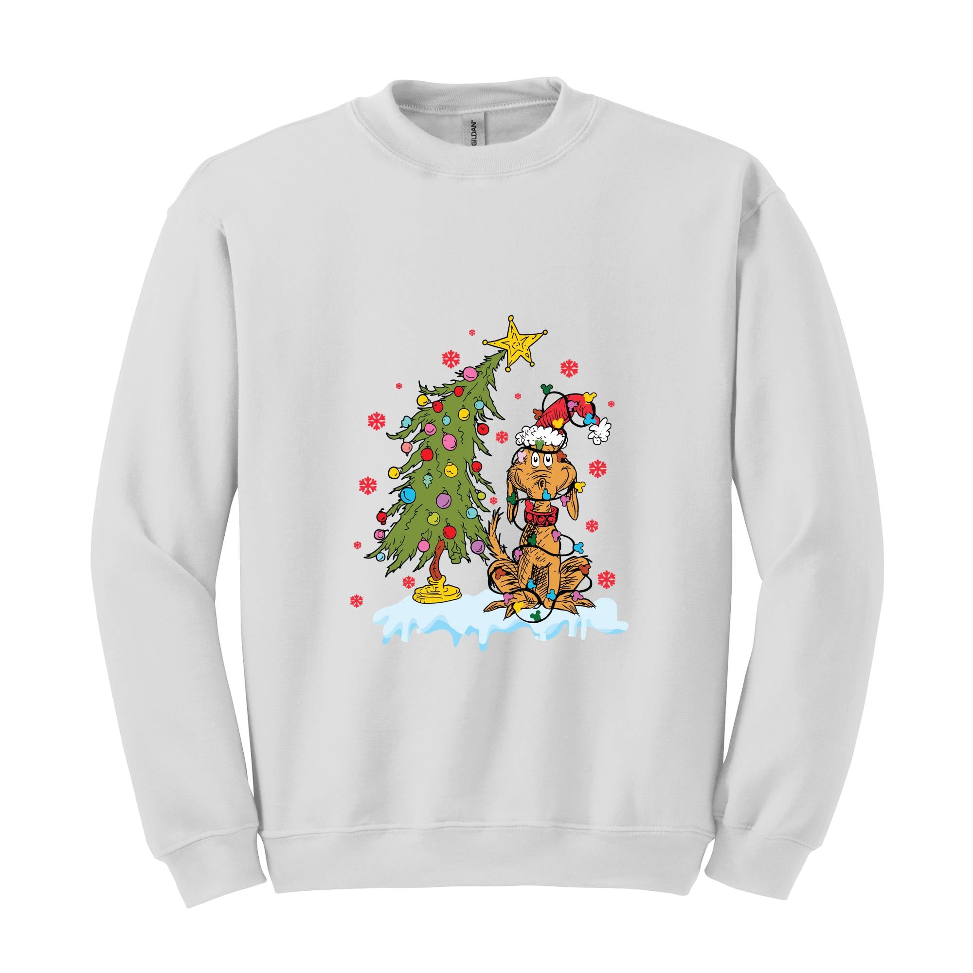 Whimsical Christmas Tree Sweatshirt, Dog Max Whoville Tree Sweatshirt, Whimsical Green Star Tree Sweatshirt, Christmas Tree Sweatshirt