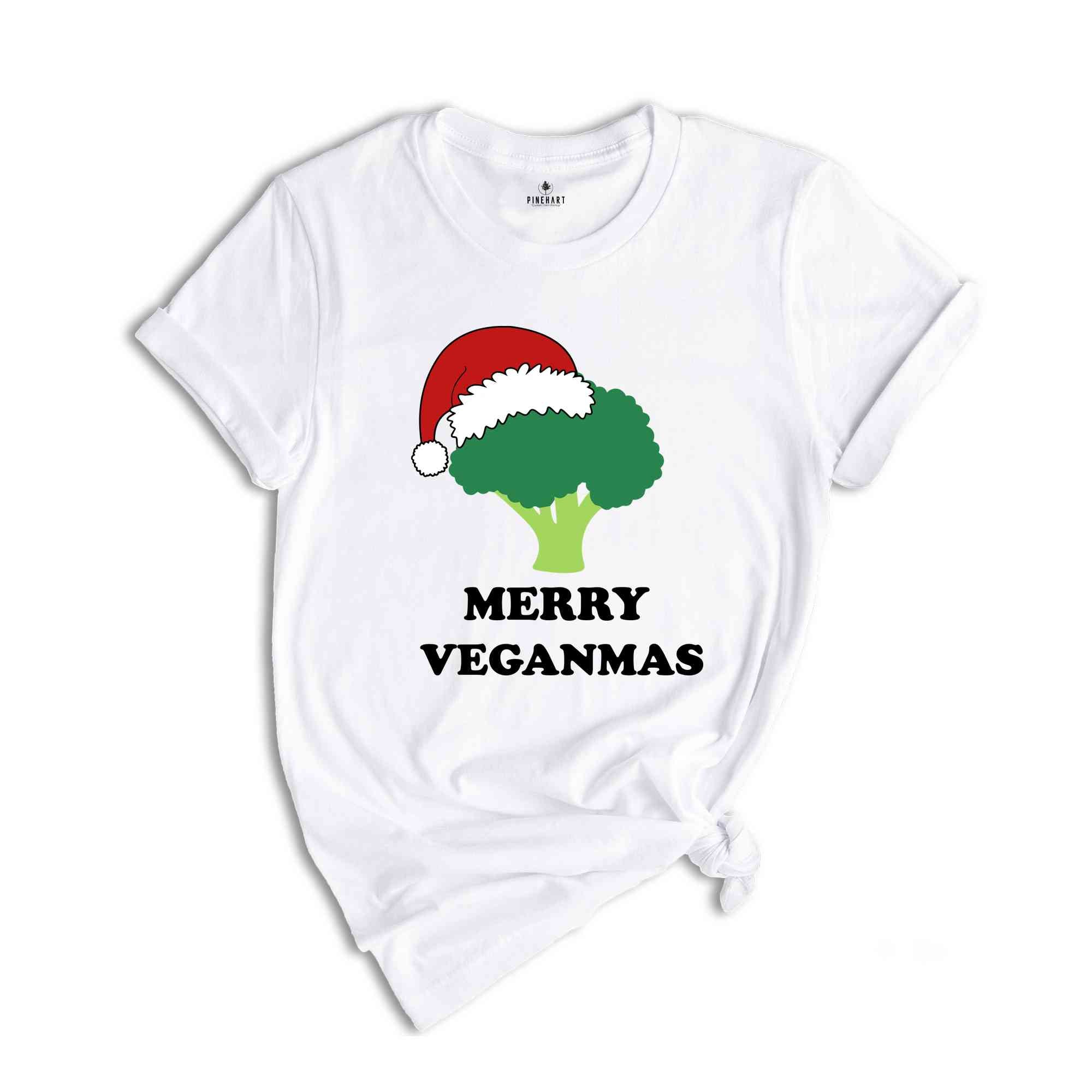 Merry Veganmas T-Shirt, Xmas Vegan Costume, Christmas Party Tee, Broccoli With Christmas Lights and Santa Hat Shirt, Christmas Gift