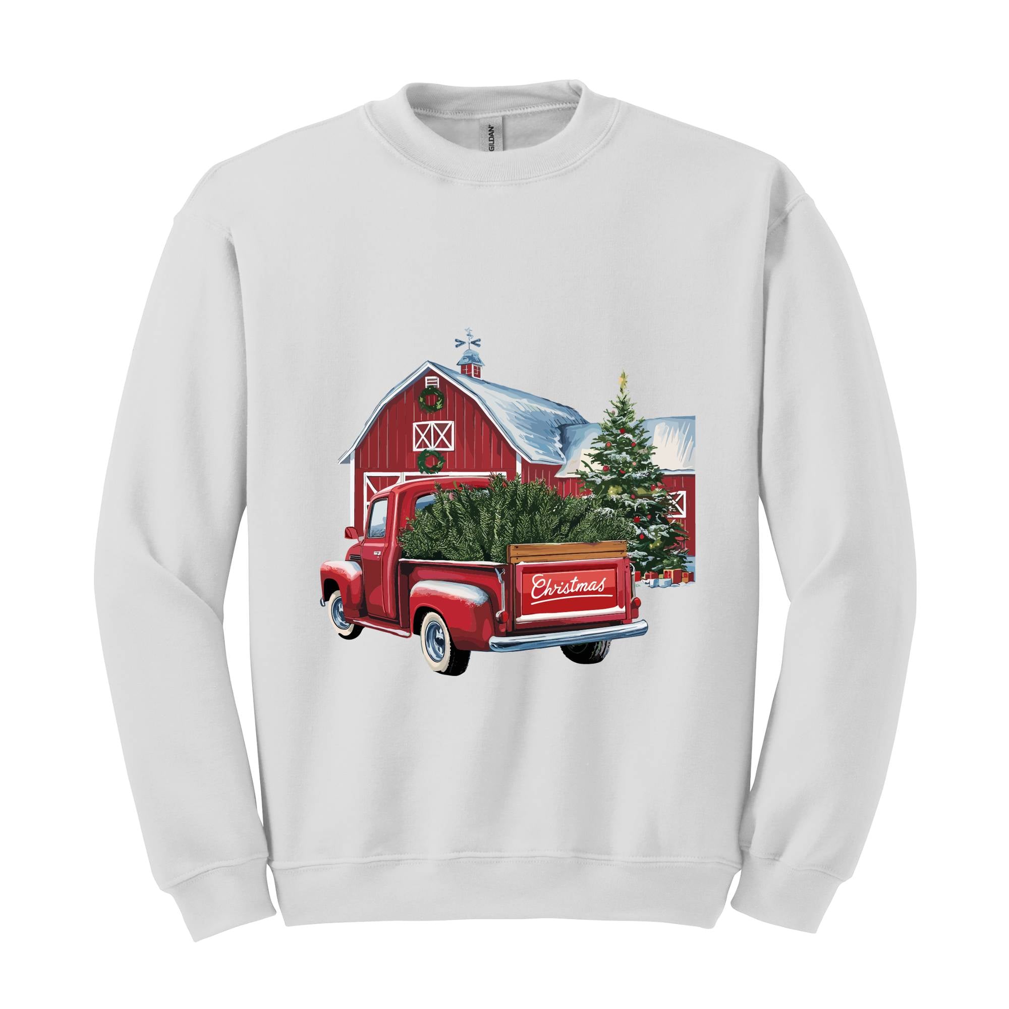 Christmas Sweatshirt, Old Red Barn, Old Red Truck Christmas Tree, Vintage Truck Sweatshirt