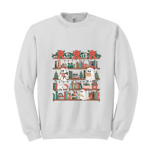 All Booked For Christmas Sweatshirt, Christmas Gifts For Librarian, Christmas Book Tree Sweatshirt