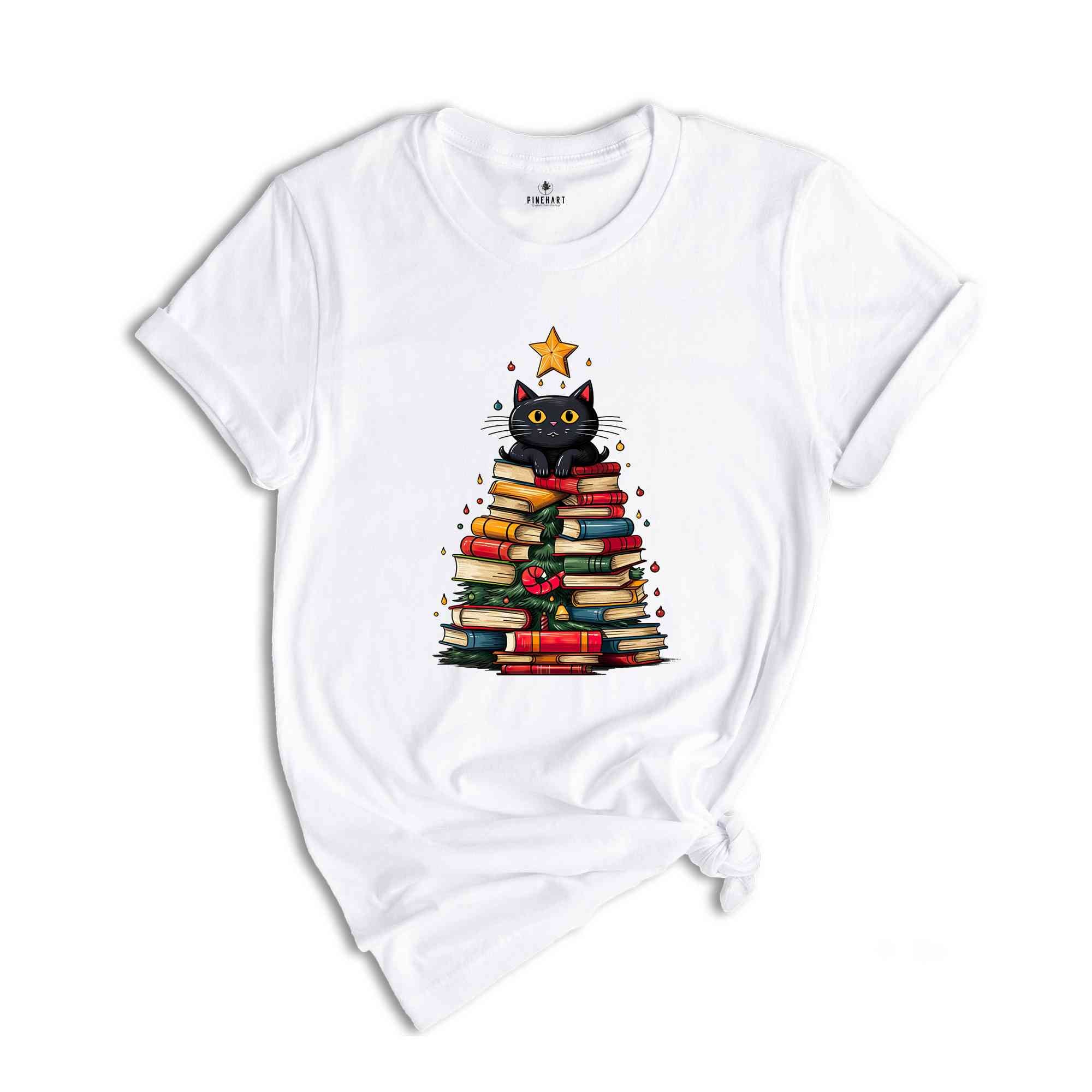 Christmas Cat Shirt, Christmas Book Tree Shirt, Cute Christmas Shirt, Xmas Gift, Christmas Tree Shirt, Christmas Party Shirt, New Year Tee,