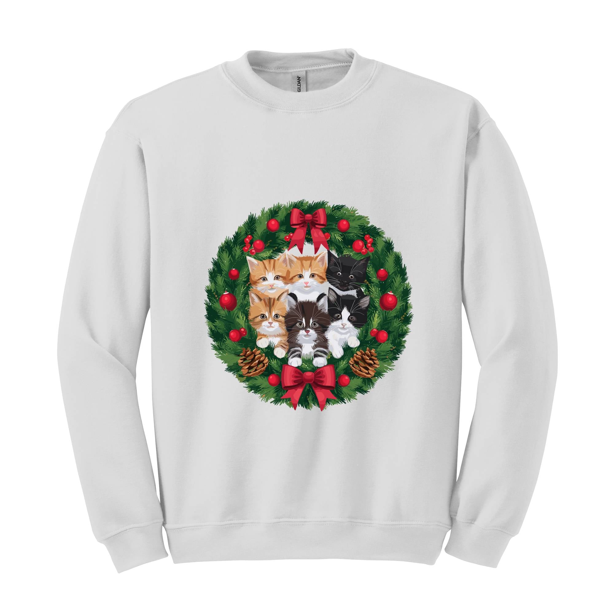 Retro Christmas Cat Wreath Sweatshirt, Vintage Holiday Sweater, Christmas Cats Sweatshirt, Cat Mom Christmas Sweater