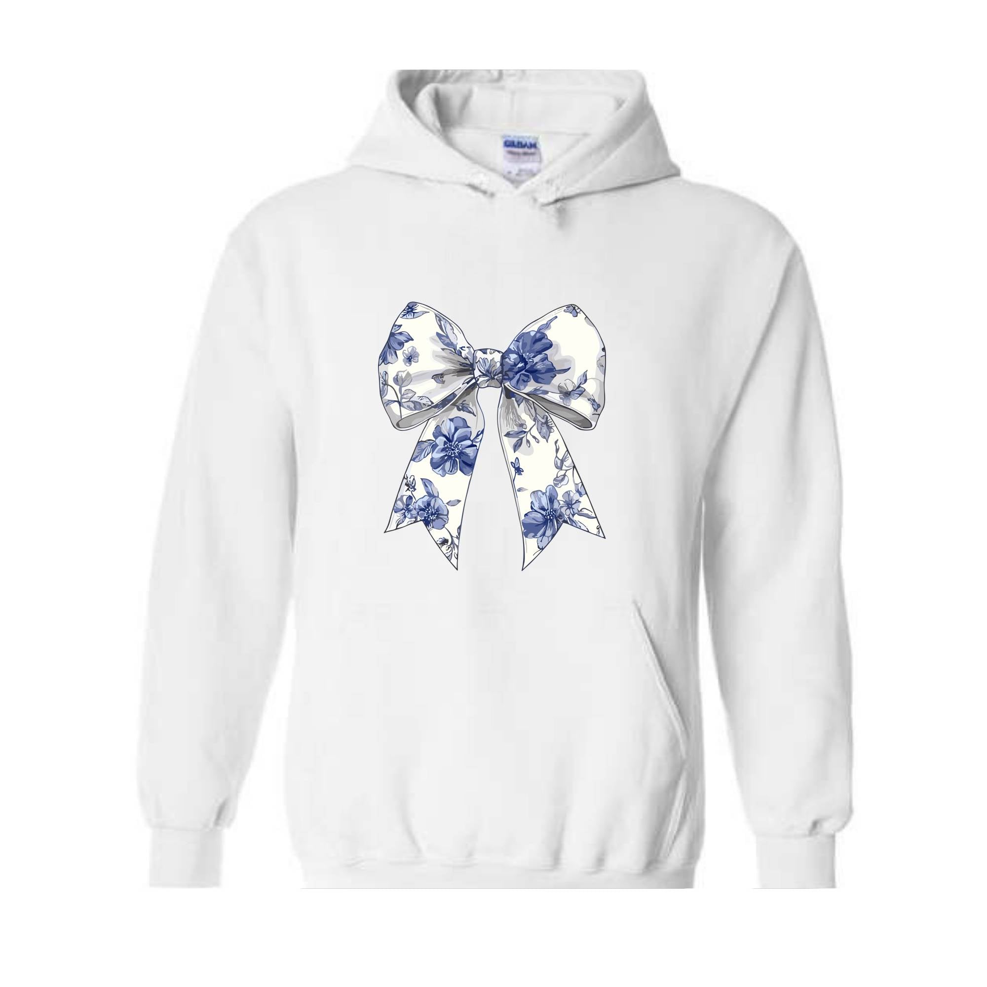 Blue Chinoiserie Bow Hoodie , Toile De Jouy Hoodie, Coquette Bow Blue Hoodie, Cute Mom Hoodie, Toile Blue Bow Hoodie