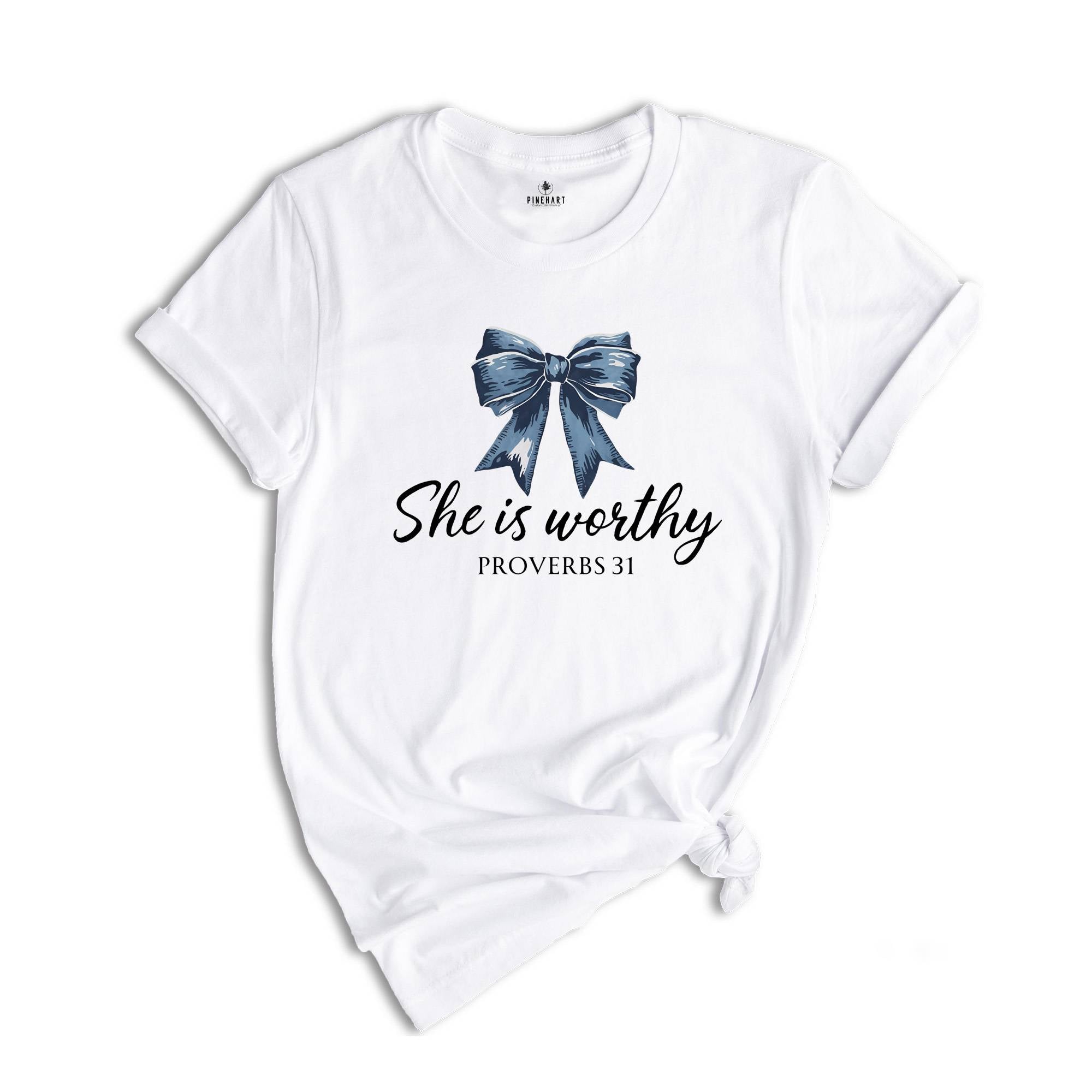 She is Worthy Bow Shirt, Women's Christian Shirts, Cute Christian Coquette T-Shirt, Girly Faith Shirt, Christian Shirt