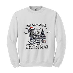 Just Waiting For Christmas Sweatshirt, Halloween Skeleton Sweater, Funny Halloween Crewneck, Skeleton Christmas Shirt, Spooky Season Shirt