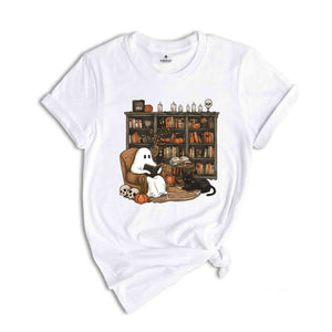 Halloween Library Shirt, Ghost Reading Book Shirt, Halloween Bookshelf Tee, Ghostly Bookish Shirt, Cute Ghost Book Gifts, Book Lover Hallowe