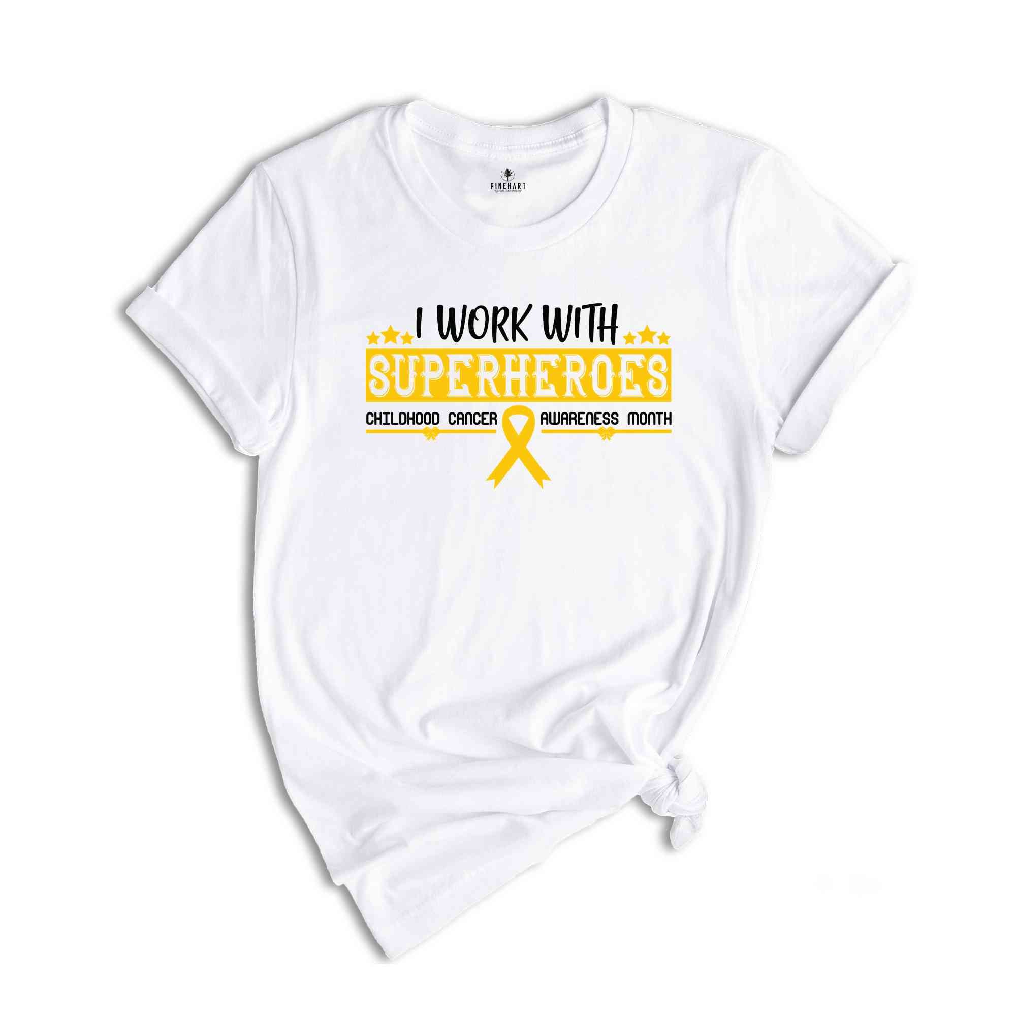 I Work With Superheroes T-Shirt, Childhood Cancer Awareness Month Shirt, Child Cancer Shirt, Gold Ribbon Tee