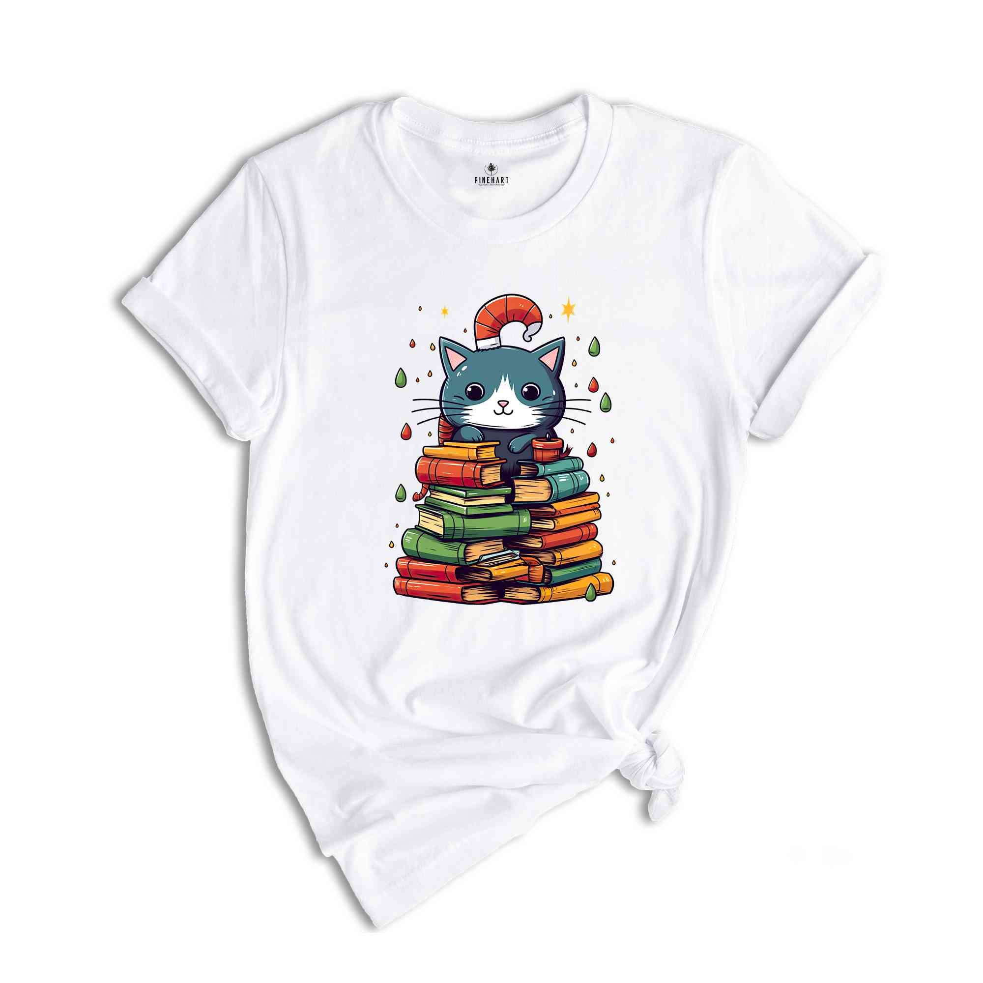 Cute Christmas Cat Shirt, Christmas Tree Shirt, Book Lover Christmas, Library Shirt, Christmas Gift, Christmas Party Shirt, Holiday Shirt