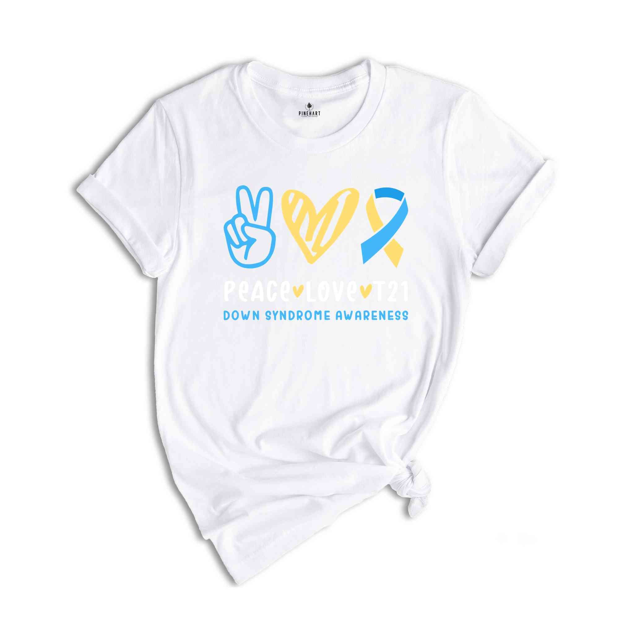 Peace Love T21 Down Syndrome Awareness Shirt, Support Shirt, Blue Yellow Ribbon, Extra Chromosome Shirt, Down Syndrome Shirt