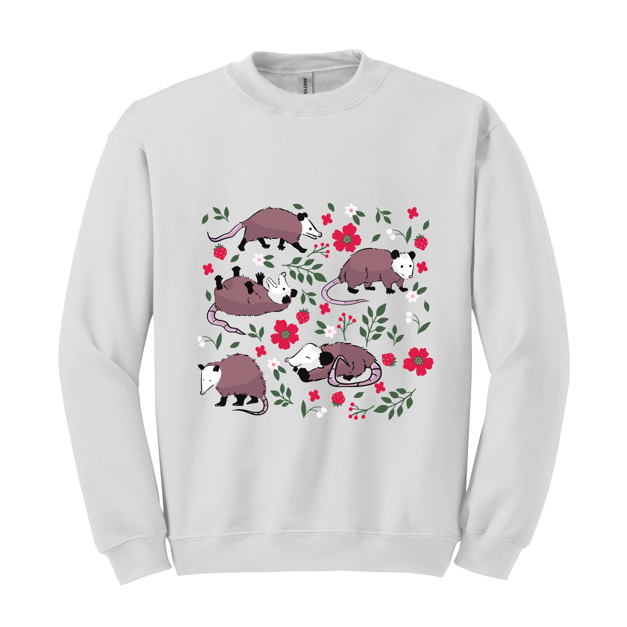 Opossum Sweatshirt, Possum Sweatshirt, Cute Possum Gifts, Floral Opossum, Strawberry Sweatshirt