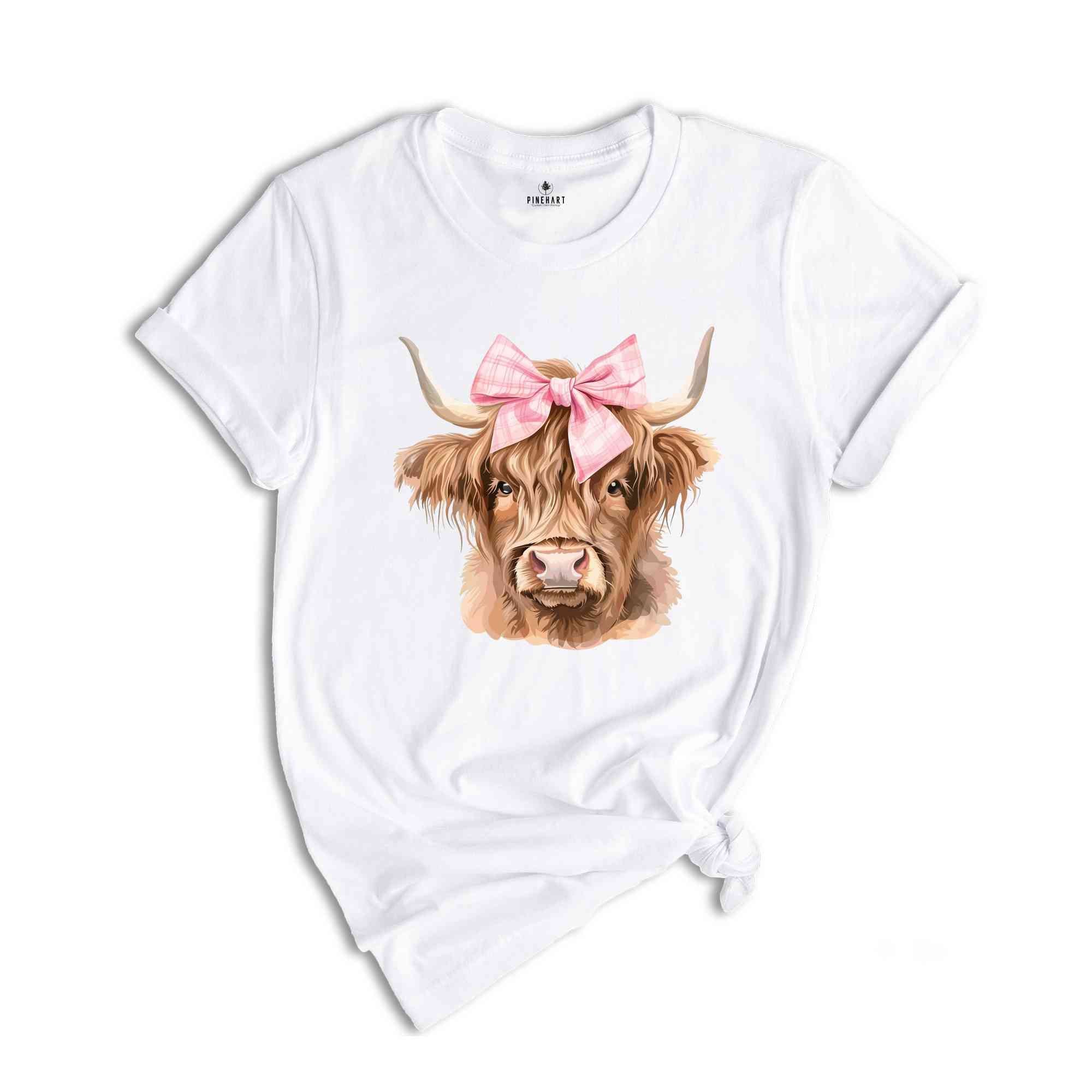 Pink Bow Cowgirl Highland Cow Heifer T-Shirt, Coquette Bow Highland Cow Shirt, Cowgirl Tee, Western Cow Shirt